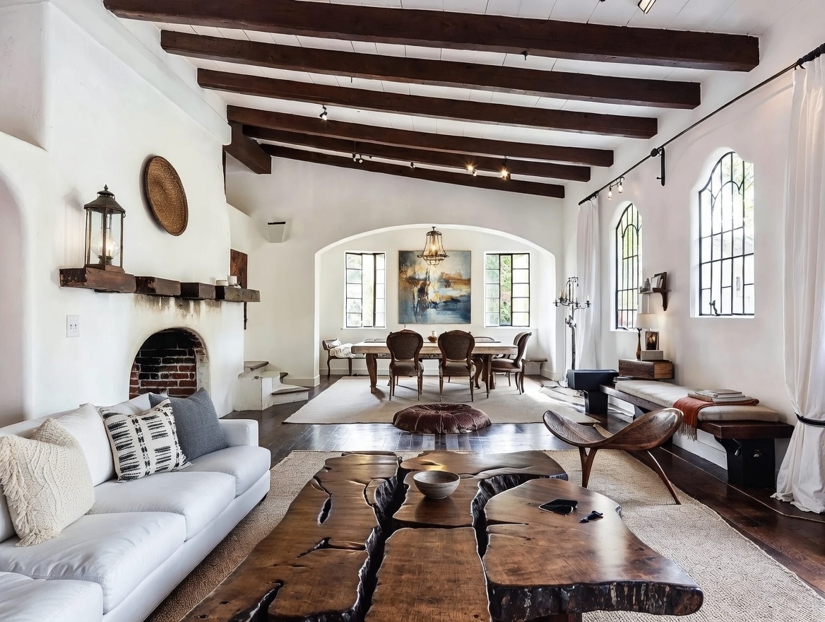 Spanish Modern living room — dark beams, white walls, natural materials